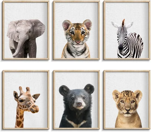 EPHANY Pósteres y Impresiones de Animales de Safari para Bebés, Pintura sobre Lienzo para Guardería, Arte de Pared con Elefante, Tigre, Ciervo, Oso,