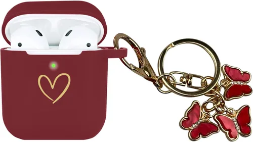 Miniatura 9 de Funda compatible con AirPods, funda de silicona suave con patrón de corazón dorado para AirPods de 2 y 1 generación con bonito llavero de mariposa