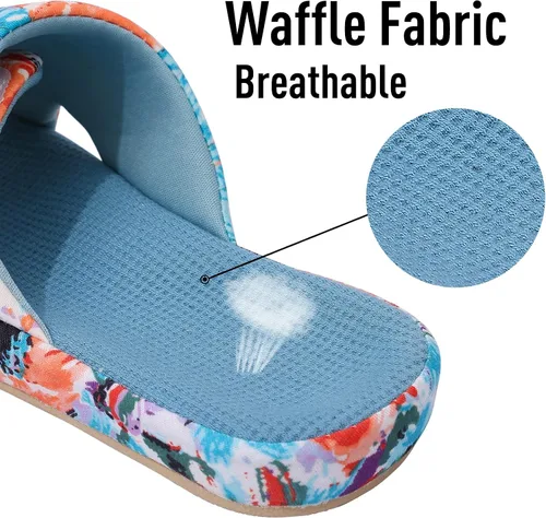 Miniatura 4 de shevalues Pantuflas de verano para mujer, con soporte de arco, transpirables, de algodón gofre, para interiores, con puntera abierta, zapatos