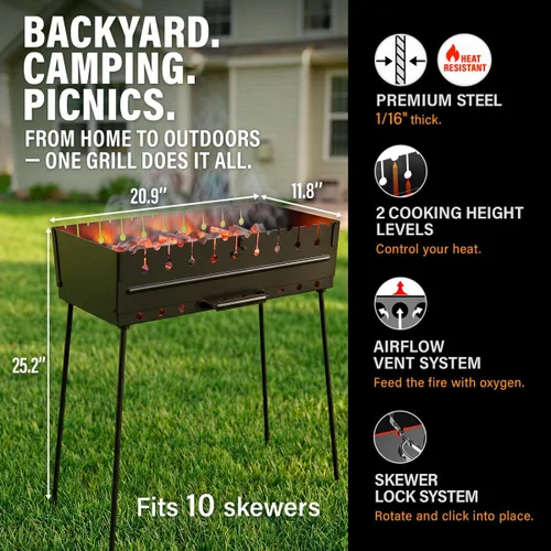 Miniatura 2 de Parrilla de carbón para 10 pinchos - Barbacoa portátil Mangal - Parrilla metálica plegable para Shashlik, Kebab, Picnic, Cocina al aire libre