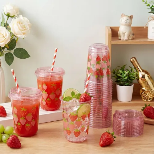 Miniatura 3 de LemonRoad Juego de 50 vasos de plástico transparente de cereza con tapas y pajitas, vasos de fiesta de 16 onzas rosadas para café helado, batidos