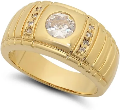 The Bling Factory Anillo solitario redondo de circonita cúbica con muescas bañadas en oro de 14 quilates de 0.906 in