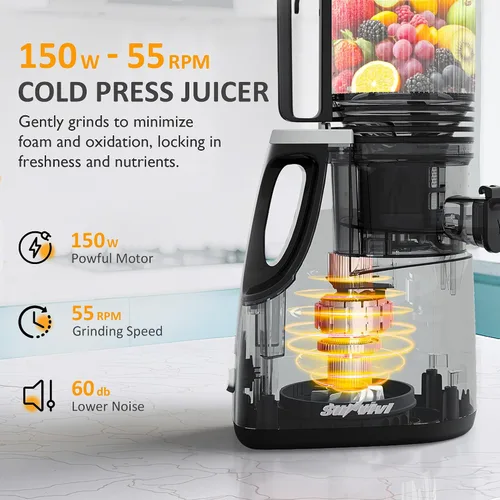 Miniatura 4 de Sunvivi Exprimidor de prensa en frío con conducto de alimentación de 5.9 pulgadas de ancho, máquinas exprimidoras de masticación lenta de 150 W