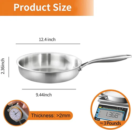 Miniatura 3 de DELARLO Sartén de acero inoxidable de tres capas, sartén 18/10, apta para horno hasta 600 °F, utensilios de cocina no tóxicos, compatible con todas