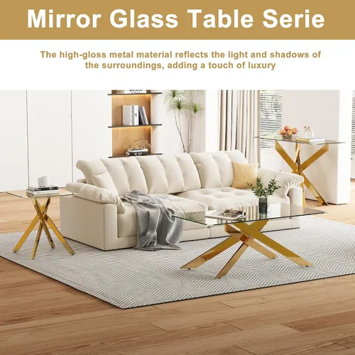 Miniatura 7 de Mesa de centro rectangular moderna de cristal, mesa central de vidrio templado y patas de metal chapado en oro para sala de estar, oficina en casa