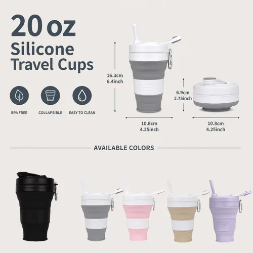 Miniatura 4 de Taza de camping plegable con popote de silicona plegable para café, botella deportiva, portátil, para viajes, al aire libre, 16 onzas, 20 onzas