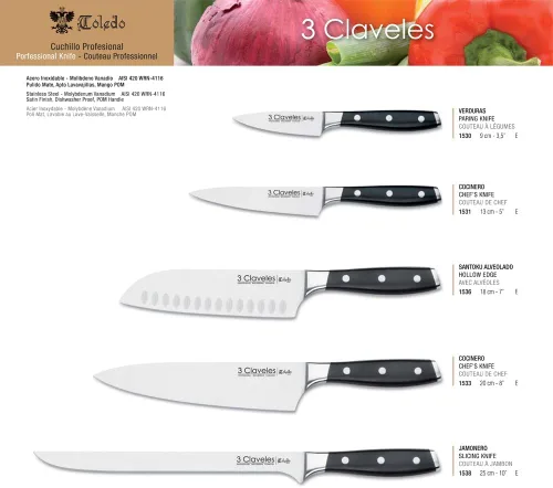 Miniatura 5 de 3 Claveles Cuchillo Santoku japonés, forjado, carne, pescado y verduras, acero inoxidable, línea Toledo (7.1 in - 7 pulgadas)