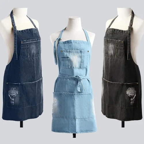 Miniatura 4 de Denim Apron With 5 Pockets for Kitchens,Hairstylist Aprons for Women Men,Adjustable Bib Jean Apron for Arts Cafe Work