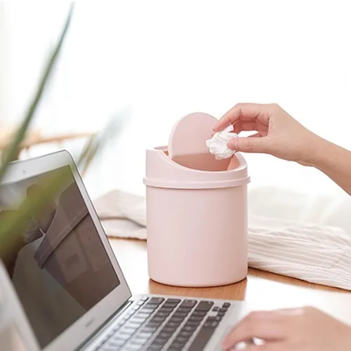 Miniatura 5 de Basurero de basura – Mini cubo de basura de plástico de escritorio con tapa giratoria, elegante cubo de basura para encimera, cesta de papel
