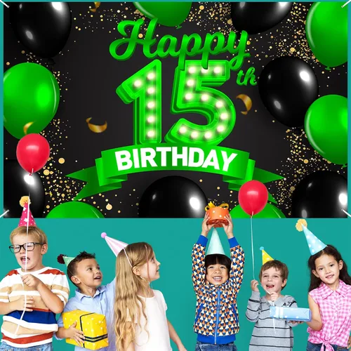 Miniatura 6 de Cartel de feliz cumpleaños 15 color verde y negro, telón de fondo con texto en inglés "Cheers to 15 years old confeti", globos de confeti