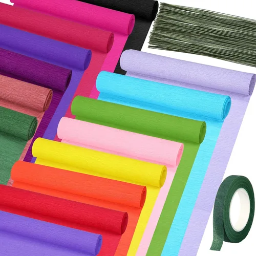 24 rollos de papel crepé de 15 colores de 8 pies, serpentina de papel crepé de 10 pulgadas con 50 piezas de alambre de hierro floral verde, 1 rollo