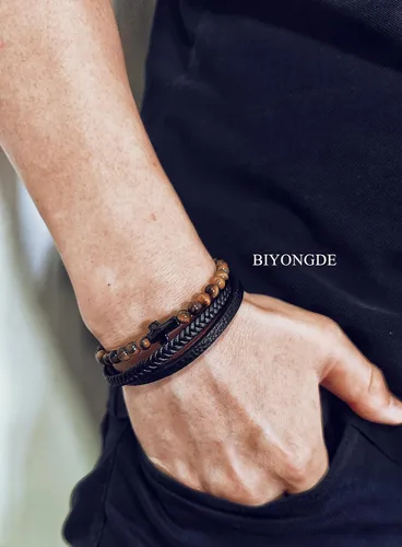 Miniatura 2 de BIYONGDE Black Braided Leather Bangle Bracelet for Men, Stainless Steel Cross Beads Chain