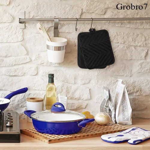 Miniatura 5 de Juego de 5 agarraderas de algodón con bolsillo para cocina, resistentes al calor, lavables a máquina, almohadillas calientes, guantes de horno a