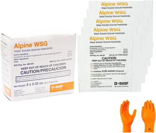 Insecticida Alpine WSG: 1 caja con paquetes de 5 x 0.35 oz y guantes protectores USA Supply y tarjeta de identificación de plagas | Plagas objetivo: