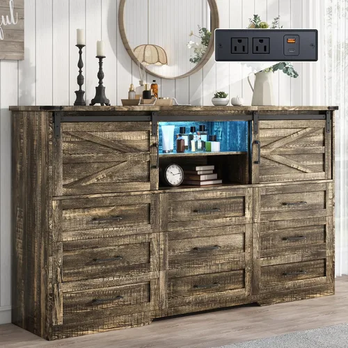 Cómoda para dormitorio con 9 cajones, cómoda de madera de 43 pulgadas de alto con puertas corredizas de granero, luces LED, soporte de TV moderno,