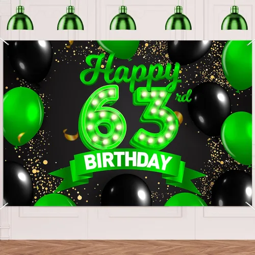 Miniatura 49 de Cartel de feliz cumpleaños 26 verde y negro, telón de fondo con texto en inglés "Cheers to 26 years old confeti", globos de confeti, decoración