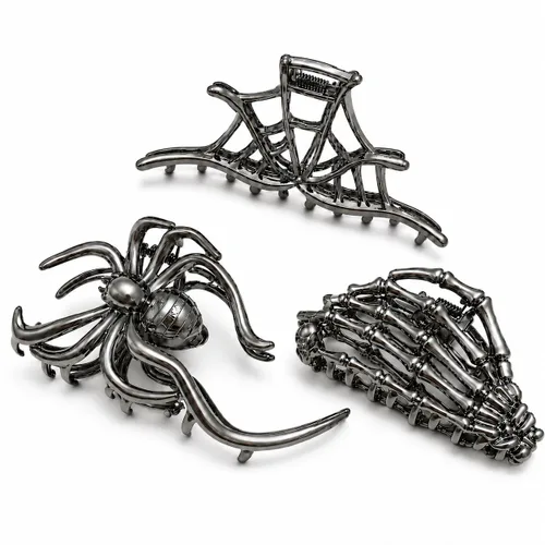 Miniatura 11 de Parcce 3 pinzas góticas para el cabello para mujer, pinzas de mano de esqueleto de murciélago negro metálico, accesorios de cabello de Halloween