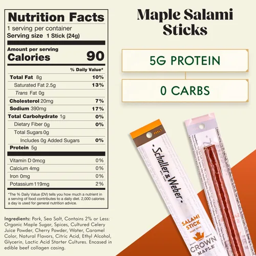 Miniatura 2 de Schaller & Weber Crown Maple Salami Stick, Hickory Smoked, All-Natural, aperitivos de carne listos para comer, 0.85 onzas (paquete de 6)
