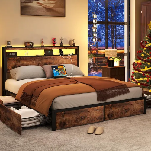 Miniatura 7 de SADENICEL Base de cama de tamaño matrimonial con almacenamiento, plataforma de cama de madera LED con cabecero, 4 cajones, estación de carga,