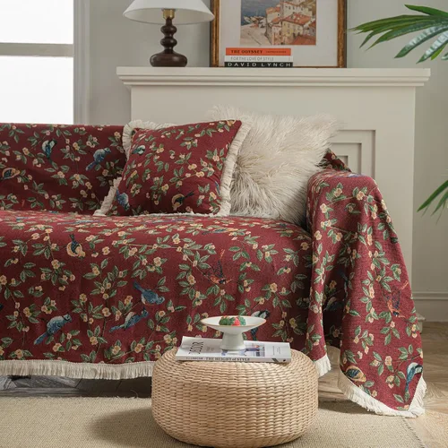 Miniatura 24 de vctops Fundas de sofá jacquard vintage para sofá seccional patrón de pájaros funda de sofá con flecos para perros fundas de sofá de dos plazas funda