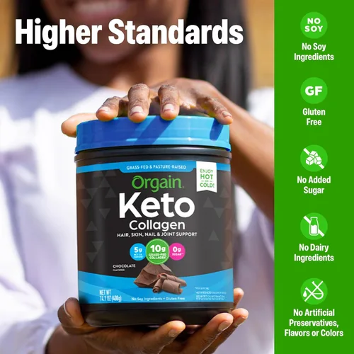 Miniatura 6 de Orgain Polvo de proteína de colágeno keto, chocolate - 10g de péptidos de colágeno hidrolizado alimentado con pasto, tipo I y III, 5g de aceite MCT