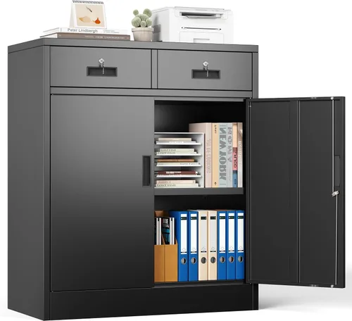 Miniatura 19 de Gabinete de almacenamiento de metal, armario de almacenamiento con bloqueo de 36 pulgadas de alto, armarios de metal con puertas y 2 estantes Negro
