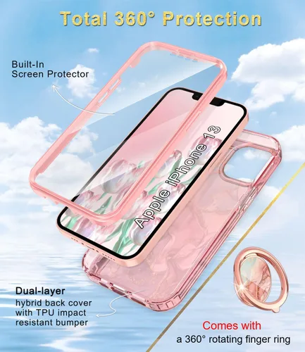 Miniatura 2 de Btscase Funda compatible con iPhone 13, protector de pantalla integrado con soporte de anillo de 360°, cuerpo completo, doble capa, resistente, a