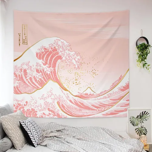 Miniatura 5 de Ovenbird Tapiz de olas rosa pastel y dorado, tapiz japonés para estética de dormitorio, para colgar en la pared, 59 x 51 pulgadas