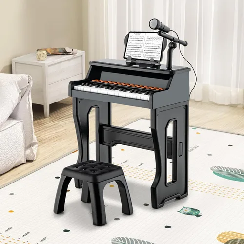 Miniatura 8 de HONEY JOY Piano para niños, piano de teclado negro de 37 teclas para niños con soporte de música y banco, regalo para bebés con micrófono