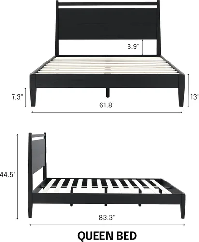 Miniatura 2 de NTC Adept Marco de cama de madera con cabecero, base de madera de roble macizo y caucho con listones silenciosos y soportes centrales de madera