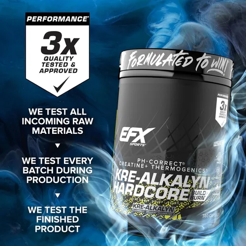 Miniatura 8 de EFX Sports Kre-Alkalyn Hardcore Suplemento termogénico de creatina monohidrato pH correcto, energía y fuerza, preentrenamiento 120 porciones