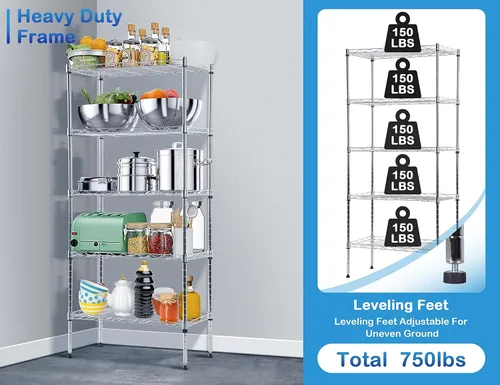 Miniatura 4 de Estantería de alambre de metal de 5 niveles para aperitivos, estante de almacenamiento ajustable en altura con certificación NSF, estantes de Cromo