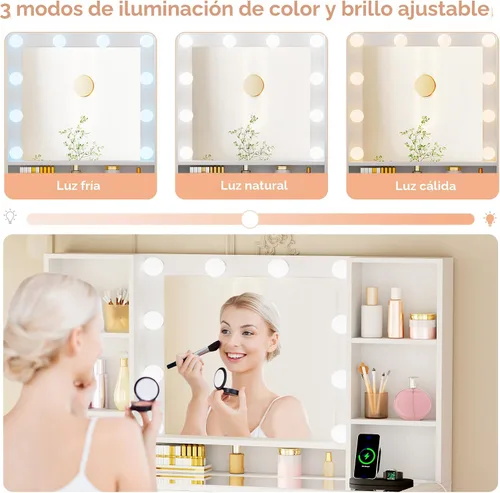 Miniatura 5 de ANWBROAD Escritorio de tocador con espejo y luces, juego de mesa de tocador de maquillaje blanco con parte superior de cristal, 13 cajones, 7