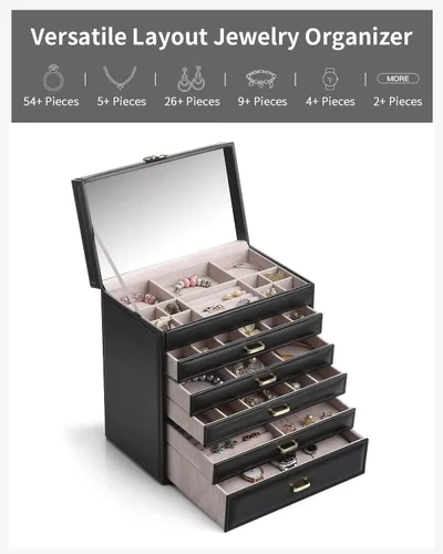 Miniatura 3 de Vlando Joyero grande de 6 niveles para mujer, organizador de joyas grande con espejo, organizador de joyas para cajón, collar, anillo, pulsera