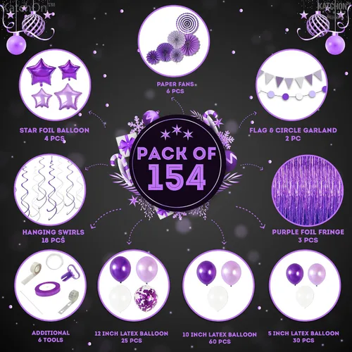 Miniatura 2 de KatchOn, Juego de decoración de fiesta púrpura 2026 – Paquete enorme de 155 globos para arco 2026 Globos 2026, telón de fondo con flecos, Morado