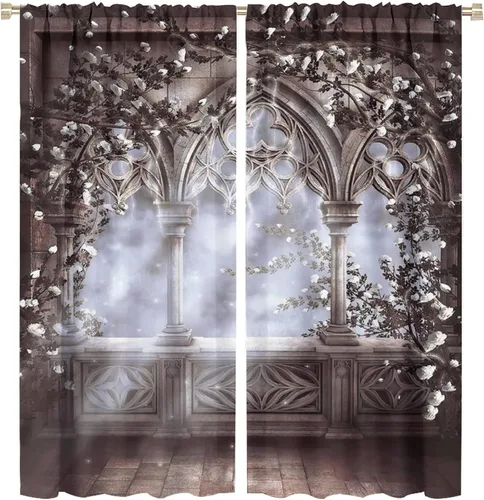 Miniatura 44 de Cortinas góticas con diseño de luna de Halloween, historia, puerta espeluznante, fondo de terror, vela, ficción, patrón de impresión, sala de estar