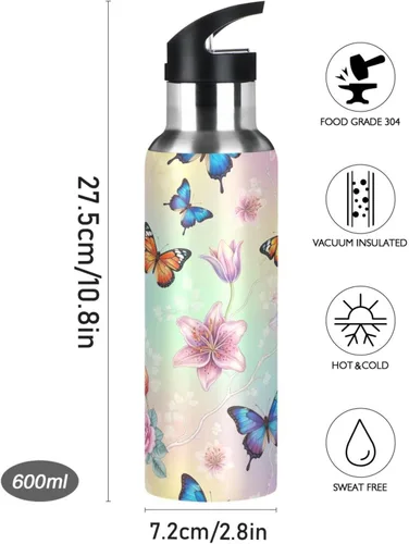 Miniatura 9 de BPA-Free Sport Water Bottle Insulated 32 Oz, Insulated Stainless Steel Water Bottle with Straw for Gym Outdoor Travel School, Colorful Butterflies