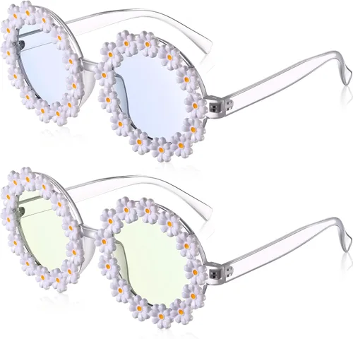 2 pares de lentes de sol de margarita para mujer, gafas redondas de flores para adultos y niños, decoración con gafas de tela bolsa de franela