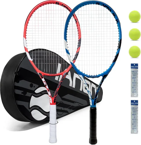 Raquetas de tenis para adultos, raquetas de tenis preencordadas de 27 pulgadas, juego de raquetas de tenis para 2 jugadores con 3 bolas, 2 agarres,