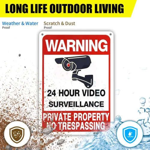Miniatura 3 de Señal de Propiedad Privada Sin Intrusos Advertencia de Videovigilancia 24 Horas Aluminio 25x18 cm Uso en Exterior para Hogar, Patio y Negocio