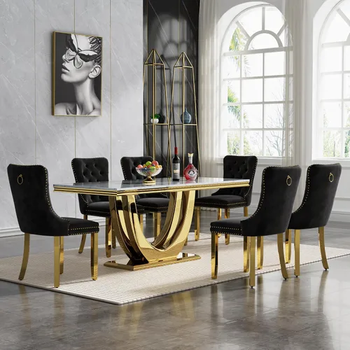 Miniatura 47 de Juego de mesa de comedor de 7 piezas con sillas, mesa de comedor de mármol sintético y sillas beige para 6, juego de mesa de comedor de oro blanco