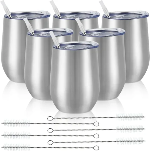 Miniatura 24 de Paquete de 12 vasos de vino de acero inoxidable, 12 onzas, doble pared, aislados al vacío, con tapas y pajitas, copas de vino sin tallo de acero Oro