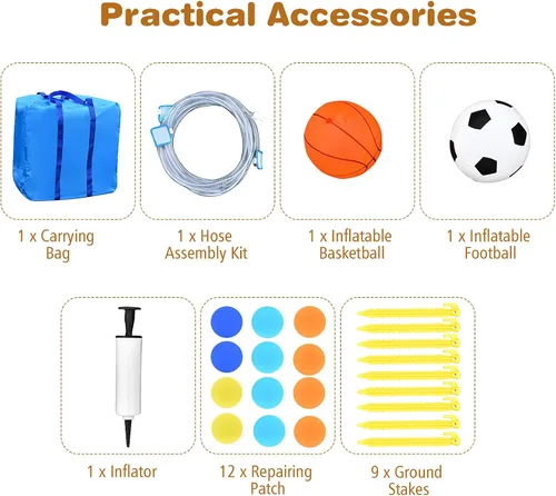 Miniatura 5 de HONEY JOY Tobogán acuático inflable, parque acuático gigante con porterías de fútbol para exteriores, piscina, escalada, toboganes acuáticos