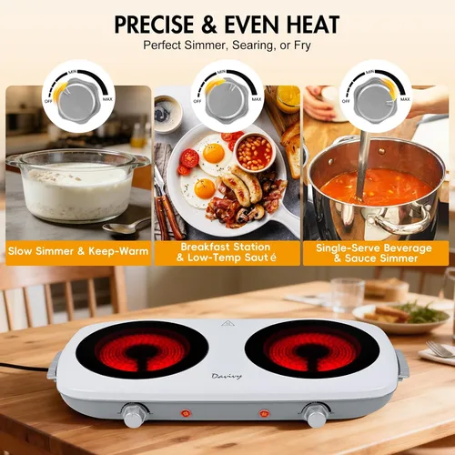 Miniatura 4 de Davivy Placa eléctrica de doble quemador, estufa eléctrica portátil de 1800 W (2 x 900 W), placa de cocina de 2 quemadores con vidrio de cerámica