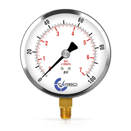 Miniatura 23 de Manómetro de vacío seco de 0 a -30 inHg, dial de 4", montaje inferior de 1/4 NPT, caja de acero cromado, piezas humedecidas de latón, doble escala
