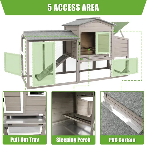 Miniatura 5 de PetsCosset Gallinero de 136 pulgadas con ruedas, gallinero de madera para patio trasero al aire libre para 1-6 pollos, jaula de aves de corral de 2