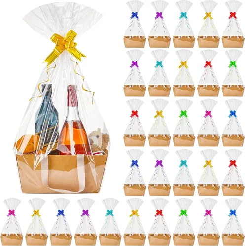 Miniatura 9 de Tuanse 30 Piezas Canasta para Regalo Vacía Kit de Cesta de Regalo DIY a Granel con Asa Bandeja de Cartón Kraft con 30 Bolsas 30 Lazos Bandeja