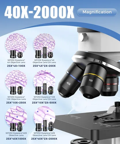Miniatura 5 de PalliPartners Microscopio compuesto para adultos y estudiantes - Microscopio biológico de alta potencia 100X-2000X para estudiantes, laboratorio
