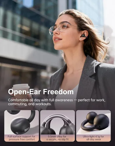 Miniatura 7 de Kinglucky Auriculares de oreja abierta para orejas pequeñas, auriculares inalámbricos Bluetooth 6.0 con clip con botón físico, ultraligeros de 0.15