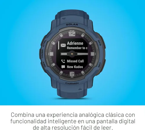 Miniatura 4 de Garmin Instinct Crossover Solar, reloj inteligente híbrido resistente con capacidad de carga solar, manecillas analógicas y pantalla digital, azul